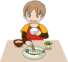 ゴハンと魚を食べているイラスト