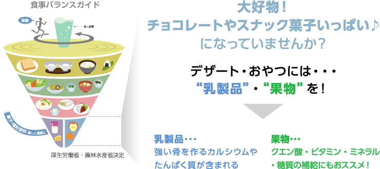 大好物！チョコレートやスナック菓子いっぱい♪になっていませんか？→デザート・おやつには・・・“乳製品”・“果物”を！