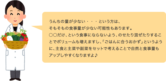 うんちの量が少ない・・・という方は、そもそもの食事量が少ない可能性もあります。○○だけ、という食事にならないよう、のせたり混ぜたりすることでボリュームも増えますし、「ごはんに合うおかず」というように、主食と主菜や副菜をセットで考えることで自然と食事量もアップしやすくなりますよ♪
